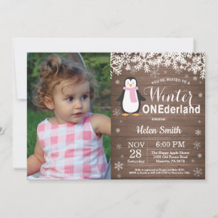 Invitation Winter Onederland Rustique Penguin Girl 1er annive