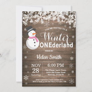 Invitation Winter Onederland Rustique Snowman Girl 1er annive