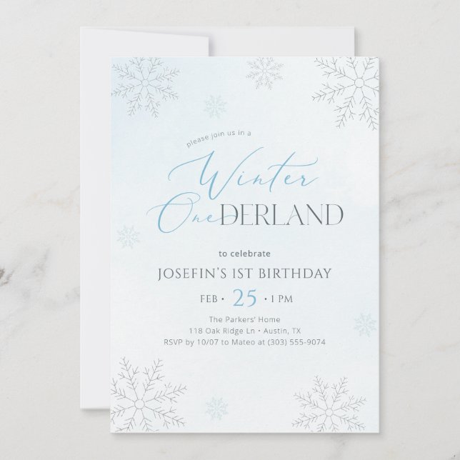 Invitation Winter Onederland Silver Blue Glitter 1st Birthday (Devant)