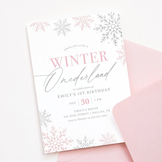 Invitation Winter Onederland Silver Pink Parties scintillant  (Créateur téléchargé)