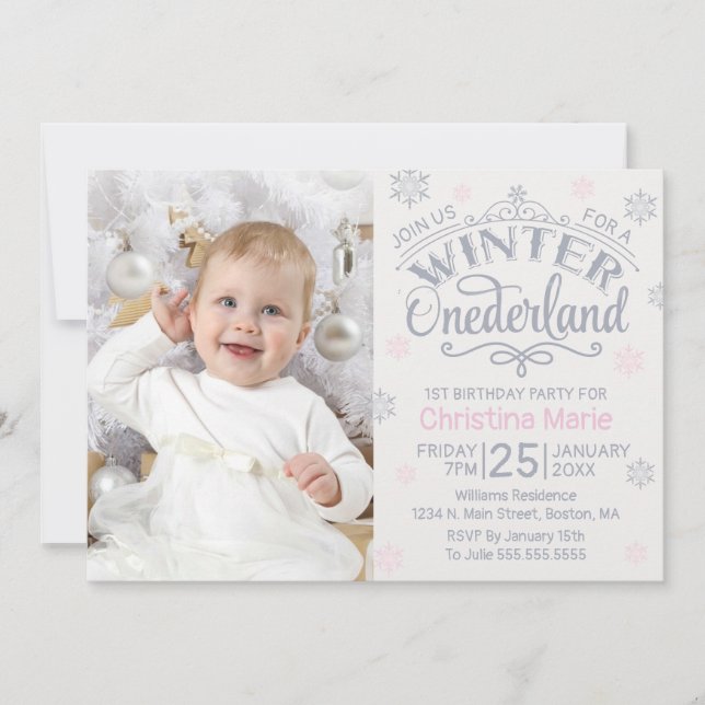 Invitation Winter Onederland Silver Pink Snowflake 1er (Devant)