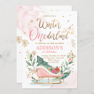 Invitation Winter Onederland Sleigh Pink Gold 1er anniversair