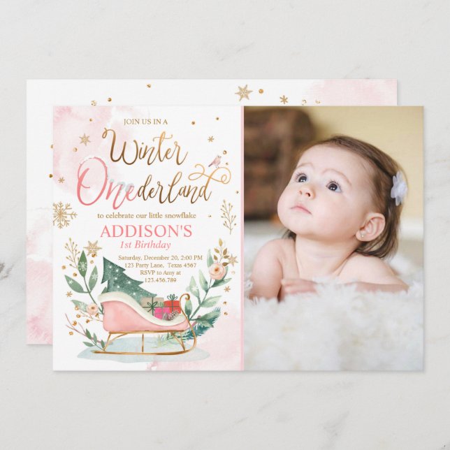 Invitation Winter Onederland Sleigh Pink Gold 1er anniversair (Devant / Derrière)