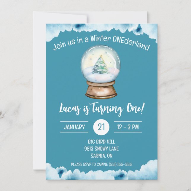 Invitation Winter ONEderland, Snow Globe fête d'anniversaire  (Devant)