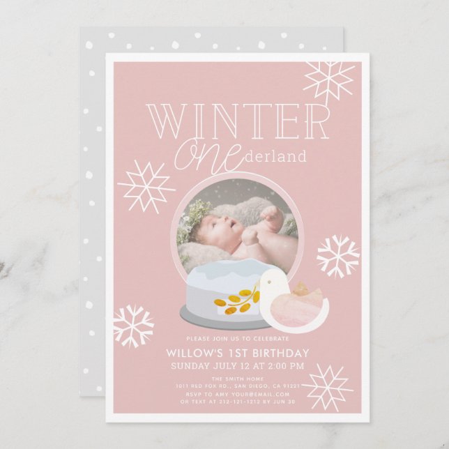 Invitation Winter Onederland Snow Globe rose 1er anniversaire (Devant / Derrière)