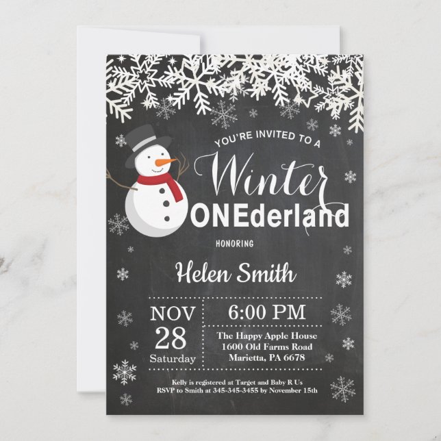Invitation Winter Onederland Snowman 1er anniversaire (Devant)
