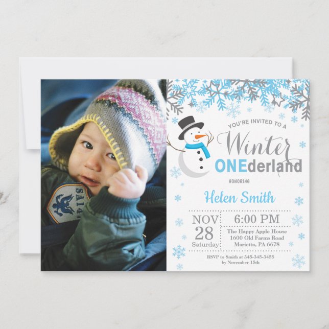 Invitation Winter Onederland Snowman Boy 1er Anniversaire (Devant)