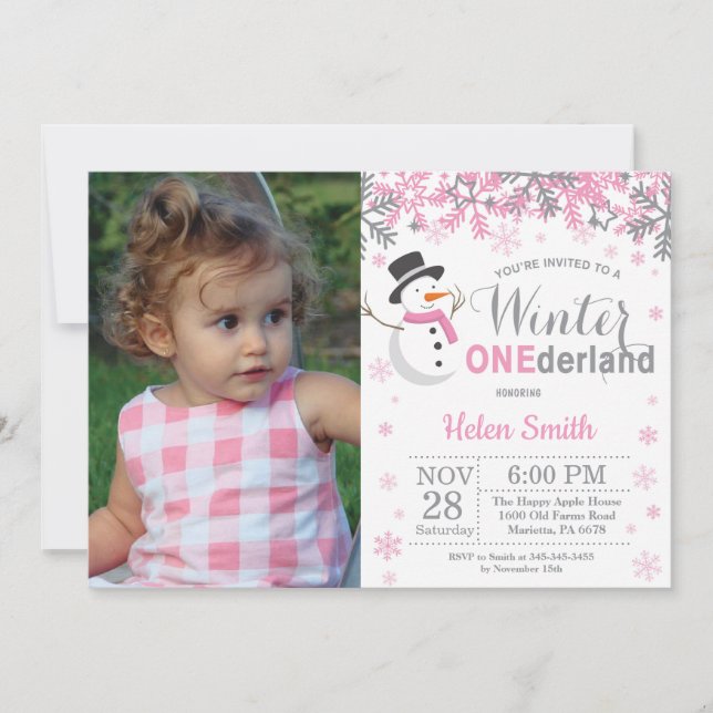 Invitation Winter Onederland Snowman Girl 1er Birthday Photo (Devant)