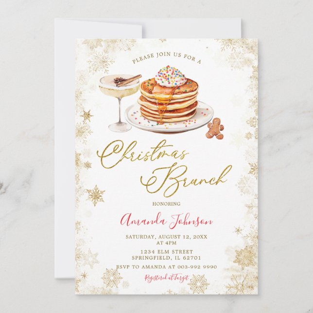 Invitation Winter Pancake Gold Snowflakes Christmas Brunch (Devant)
