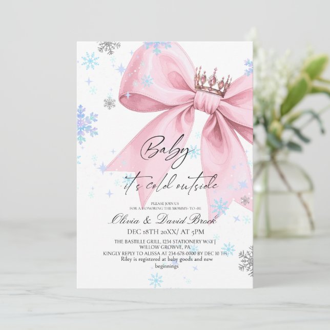 Invitation Winter Pastel Pink Bow Baby Shower (Debout devant)