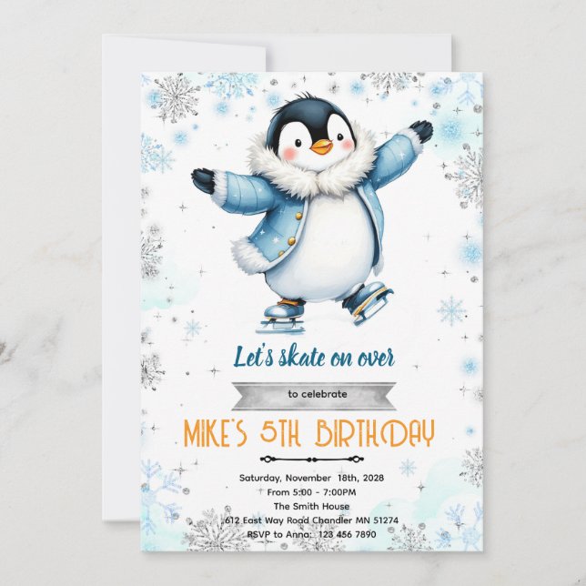 Invitation Winter penguin ice skate theme invite (Devant)