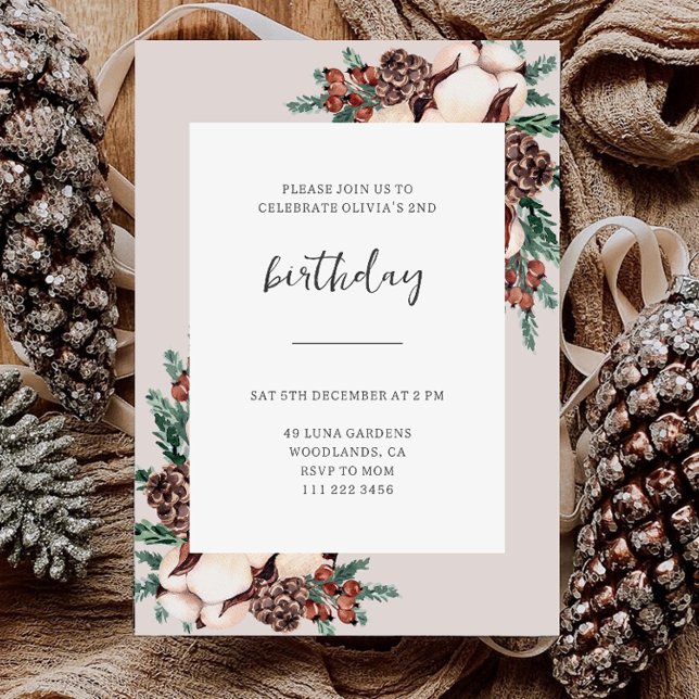 Invitation Winter Pine Greenery Simple Birthday (Créateur téléchargé)