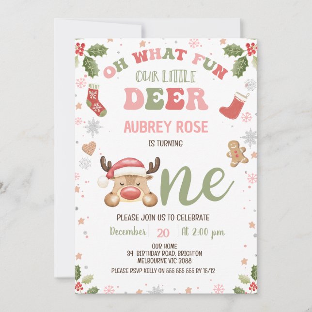 Invitation Winter Pink Oh What Fun Reindeer 1er Anniversaire (Devant)