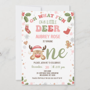 Invitation Winter Pink Oh What Fun Reindeer 1er Anniversaire