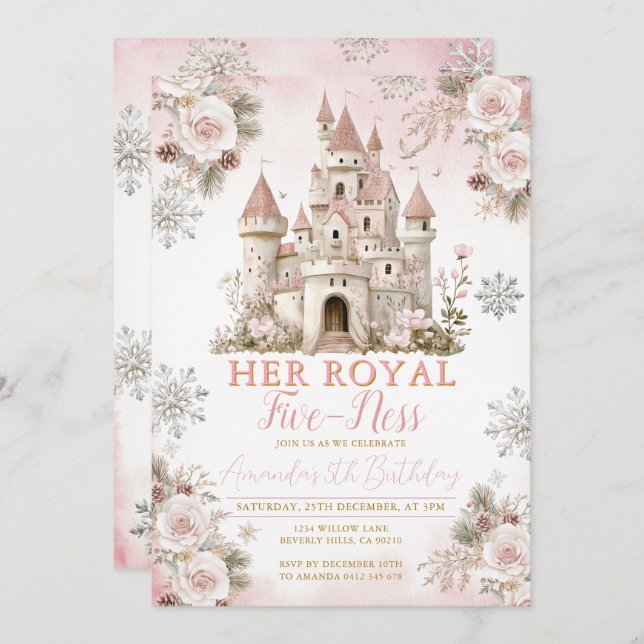 Invitation Winter Pink Snowflake Her royal fiveness Birthday (Devant / Derrière)