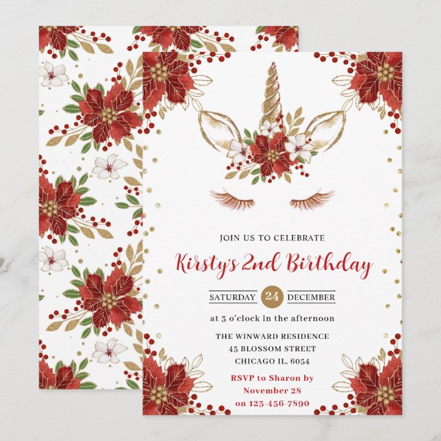 Invitation Winter Poinsettia Unicorn 2nd Birthday (Devant / Derrière)