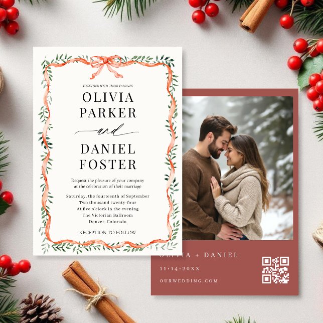 Invitation Winter QR Code Photo Red Ribbon & Bow Wedding (Créateur téléchargé)