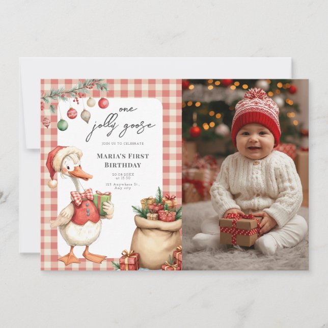 Invitation Winter Red Christmas Silly Goose  1st birthday (Devant)
