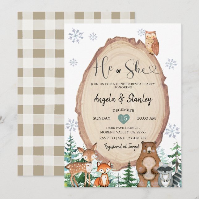 Invitation Winter Rustic Woodland Lui ou elle Révélation de g (Devant / Derrière)