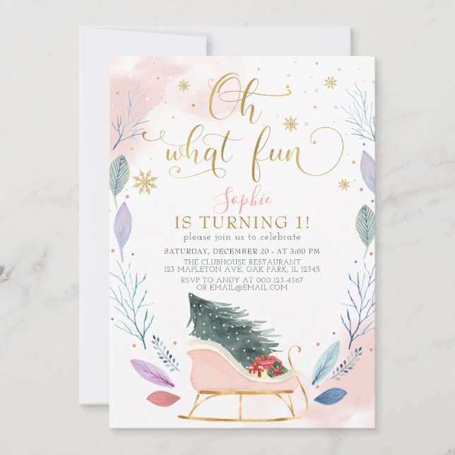 Invitation Winter Sleigh Oh What Fun Noël 1er Anniversaire (Devant)