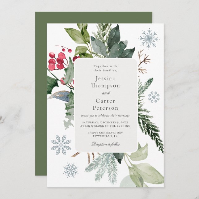 Invitation Winter Snow and Evergreen Wedding  (Devant / Derrière)