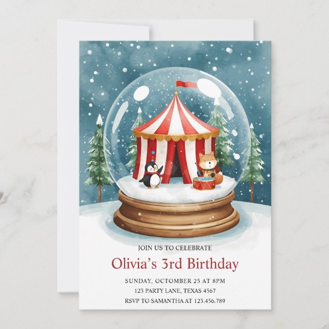 Invitation Winter Snow Globe Circus Birthday (Devant)