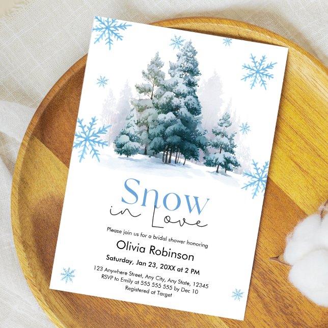Invitation Winter Snow in Love Snowflakes Bridal Shower  (Winter Pine Trees Snow in Love Snowflakes Bridal Shower Invitation )