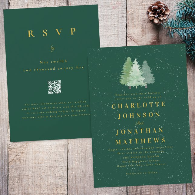 Invitation Winter Snow Woodland Green Gold Mariage QR Code (Modern woodland winter snow green & gold Forest wedding QR code invitation Watercolor evergreen tree)