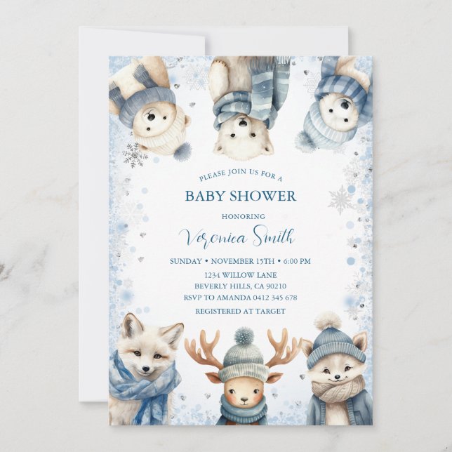 Invitation Winter Snowflake Woodland Animals Baby Shower (Devant)