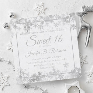Invitation Winter Sweet 16 Anniversaire Silver Foil Snowflake