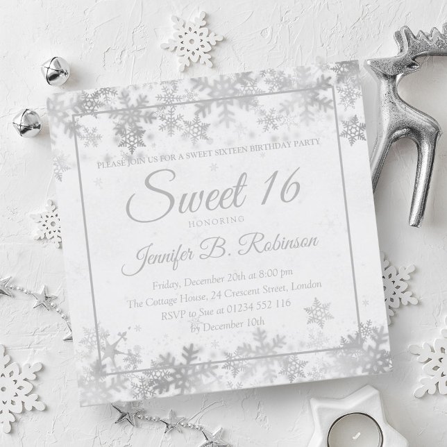Invitation Winter Sweet 16 Anniversaire Silver Foil Snowflake (Winter Sweet 16 Birthday Silver Foil Snowflakes Invitation)