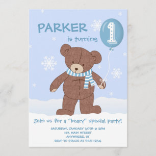Invitation Winter Teddy Bear Balloon 1er Anniversaire Invitat