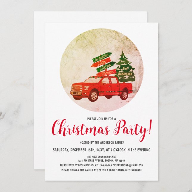 Invitation Winter Tree Vintage Red Truck Christmas Party (Devant / Derrière)
