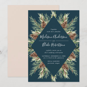 Invitation Winter Watercolor Pine Cone Frame Navy Wedding