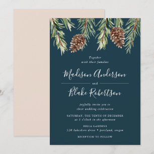 Invitation Winter Watercolor Pine Cone Navy Wedding