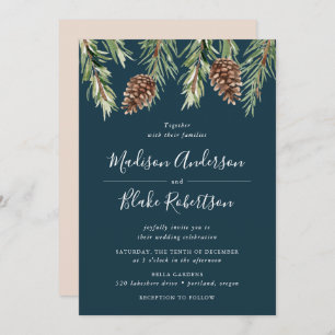 Invitation Winter Watercolor Pine Cone Navy Wedding