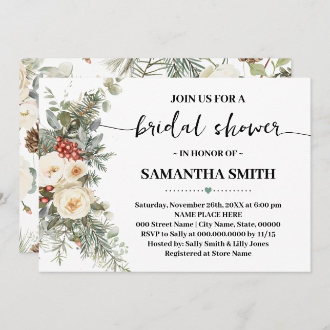 Invitation Winter White Floral Bridal Shower (Devant / Derrière)