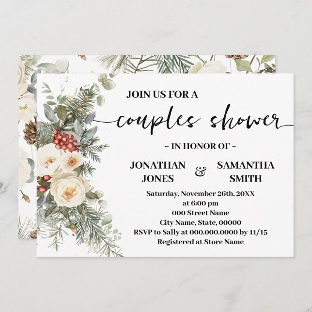 Invitation Winter White Flowers Couples Shower (Devant / Derrière)