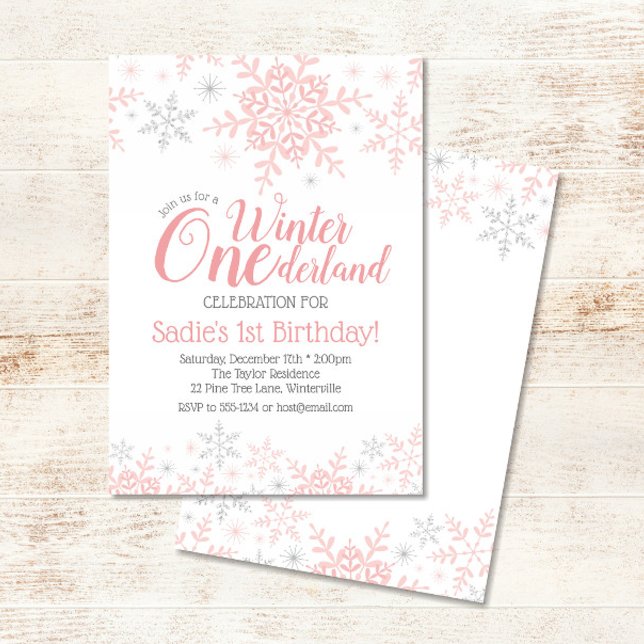 Invitation Winter Wonderland 1er anniversaire fille rose arge (Créateur téléchargé)