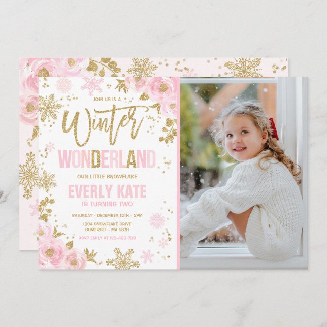 Invitation Winter Wonderland Anniversaire Gold Pink Snowflake (Devant / Derrière)