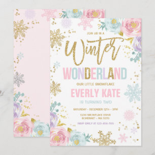 Invitation Winter Wonderland Anniversaire Gold Pink Snowflake