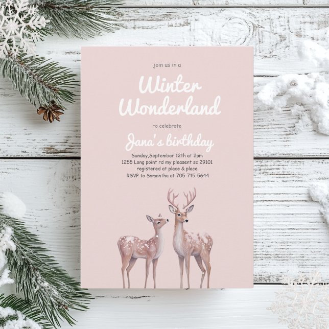 Invitation Winter Wonderland Anniversaire | Rose doux & Cerf (Créateur téléchargé)