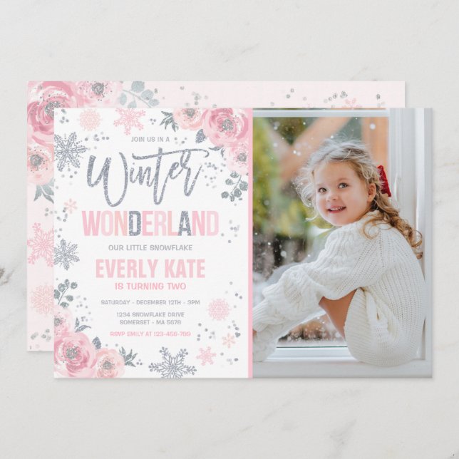 Invitation Winter Wonderland Anniversaire Silver Pink Snowfla (Devant / Derrière)
