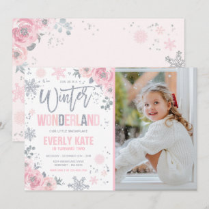 Invitation Winter Wonderland Anniversaire Silver Pink Snowfla
