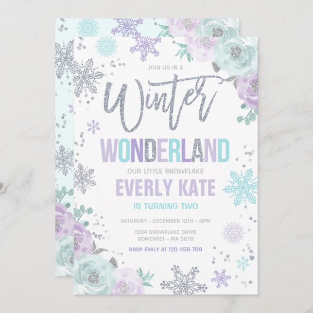 Invitation Winter Wonderland Anniversaire Silver Purple Snowf (Devant / Derrière)
