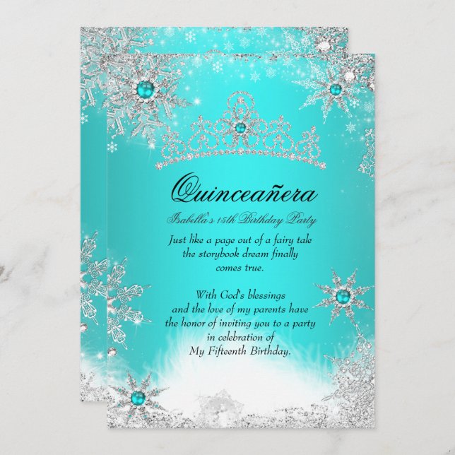 Invitation Winter Wonderland Aqua Blue Quinceanera Party (Devant / Derrière)