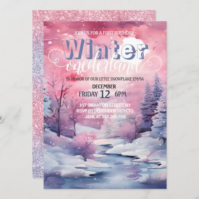 Invitation Winter Wonderland Aquarelle rose avec Parties scin (Devant / Derrière)