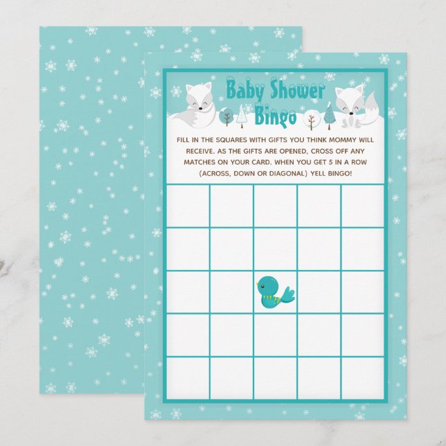 Invitation Winter Wonderland Arctic Foxes Baby shower Bingo (Devant / Derrière)