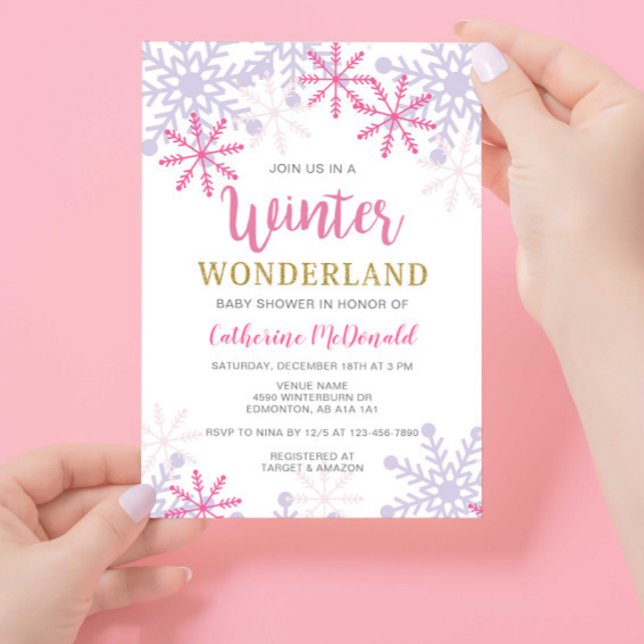 Invitation Winter Wonderland Baby shower Rose Girl Snowflakes (Créateur téléchargé)