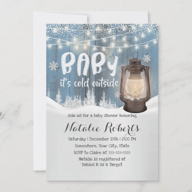 Invitation Winter Wonderland Baby shower Vintage Lanterne (Devant)